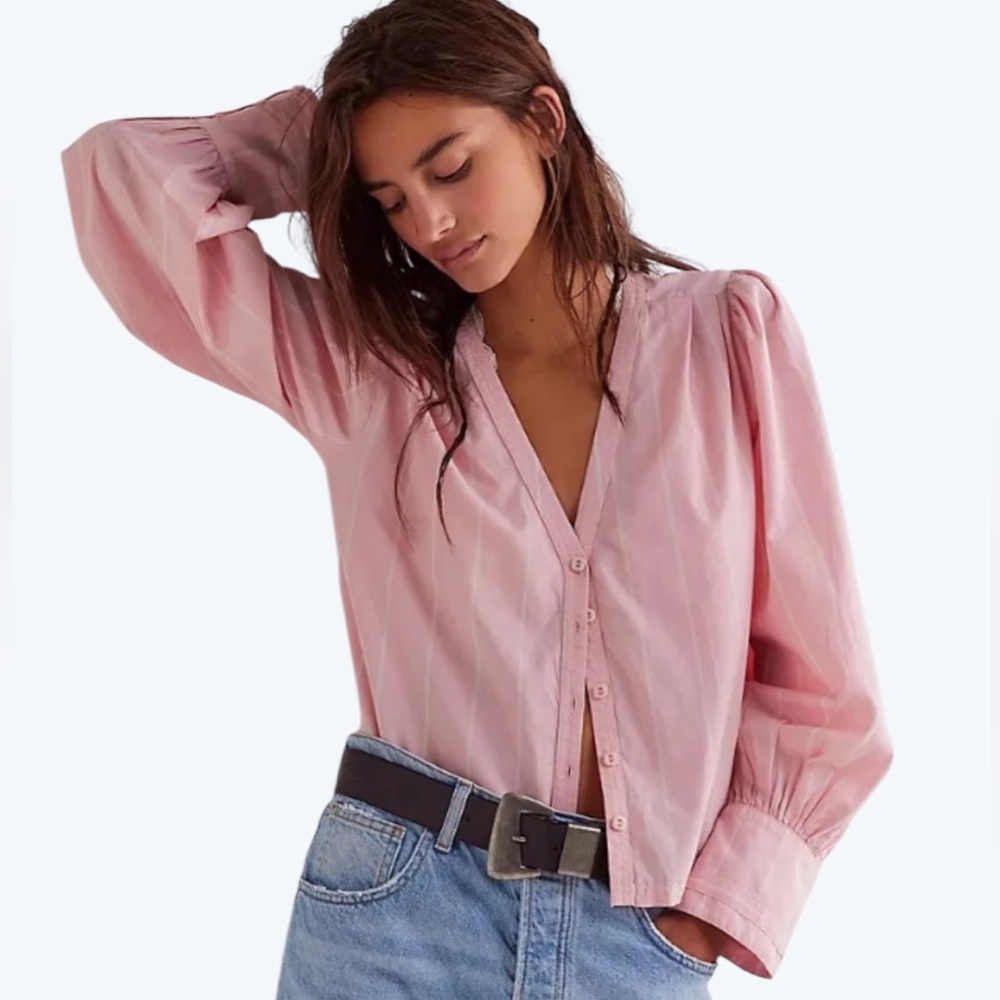 Free People We The Free Farmhouse Fresh Striped Cotton Blouse Boxy Cropped M